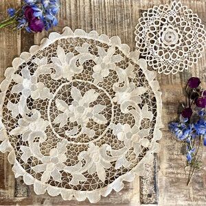 2 Vintage Round Handmade Doilies Beige Rustic Farmhouse